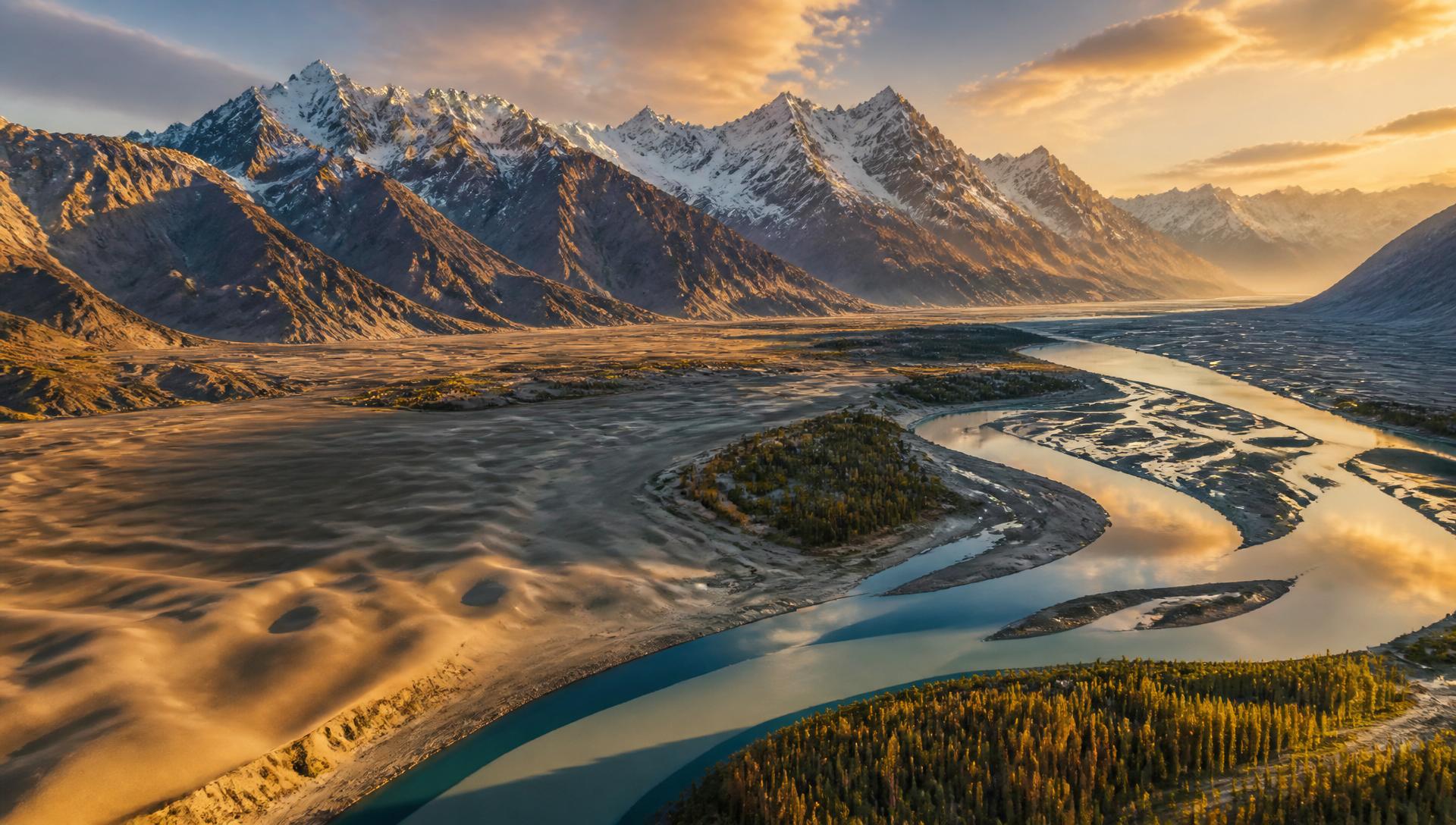 Aerial view of the Indus river winding through Skardu valley beneath the Karakoram peaks